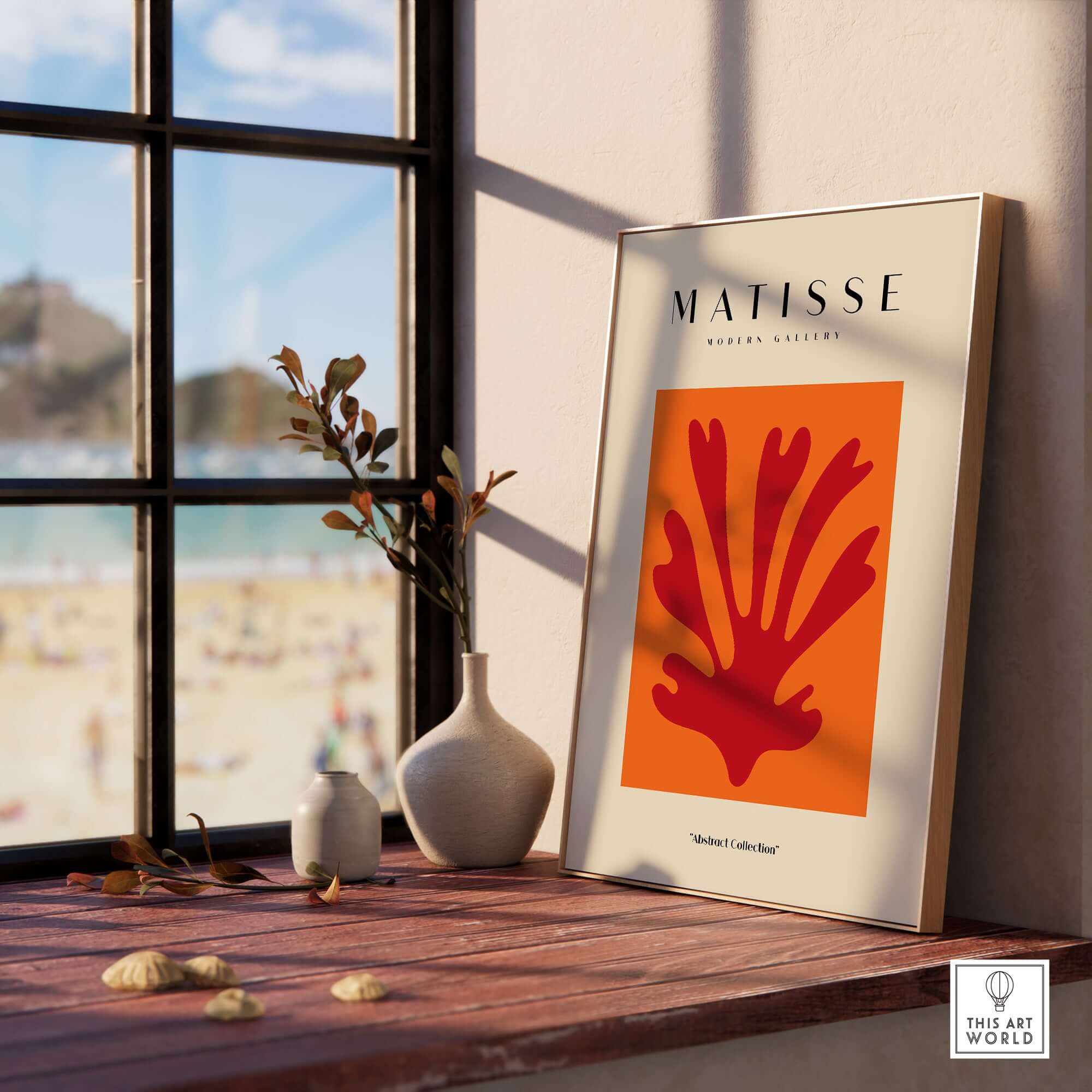 Matisse Art Prints - Red Leaf Abstract Orange Square Poster displayed in a stylish interior with a beach view.