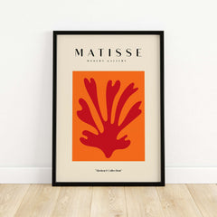 Matisse Art Prints - Red Leaf Abstract Orange Square Poster, featuring a bold red leaf design on an orange background.