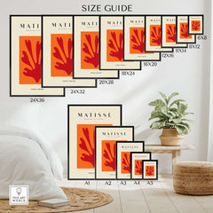 Matisse Art Prints - Red Leaf Abstract Orange Square Poster size guide with various dimensions displayed.
