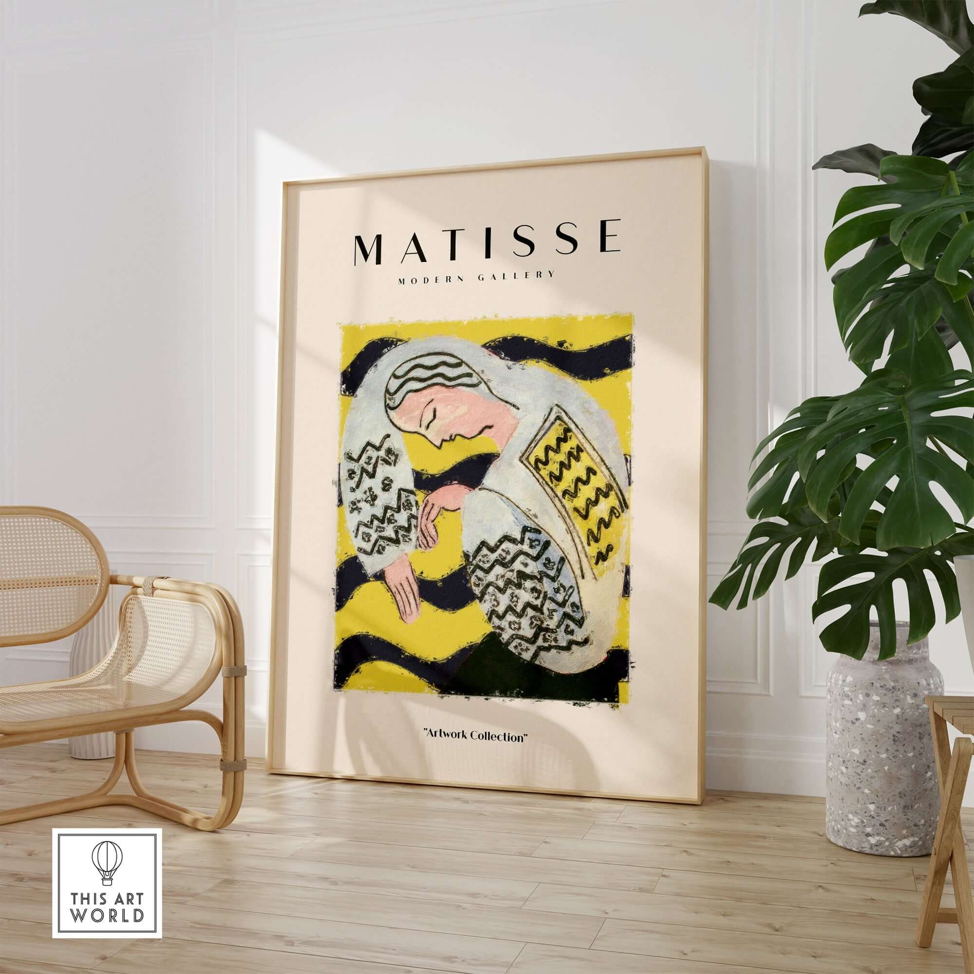 Matisse Art Prints - Resting Woman Patterned Blouse Yellow displayed in a modern gallery setting with vibrant colors.