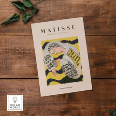 Matisse Art Prints - Resting Woman Patterned Blouse Yellow art print featuring a figure in a patterned blouse on a yellow background.