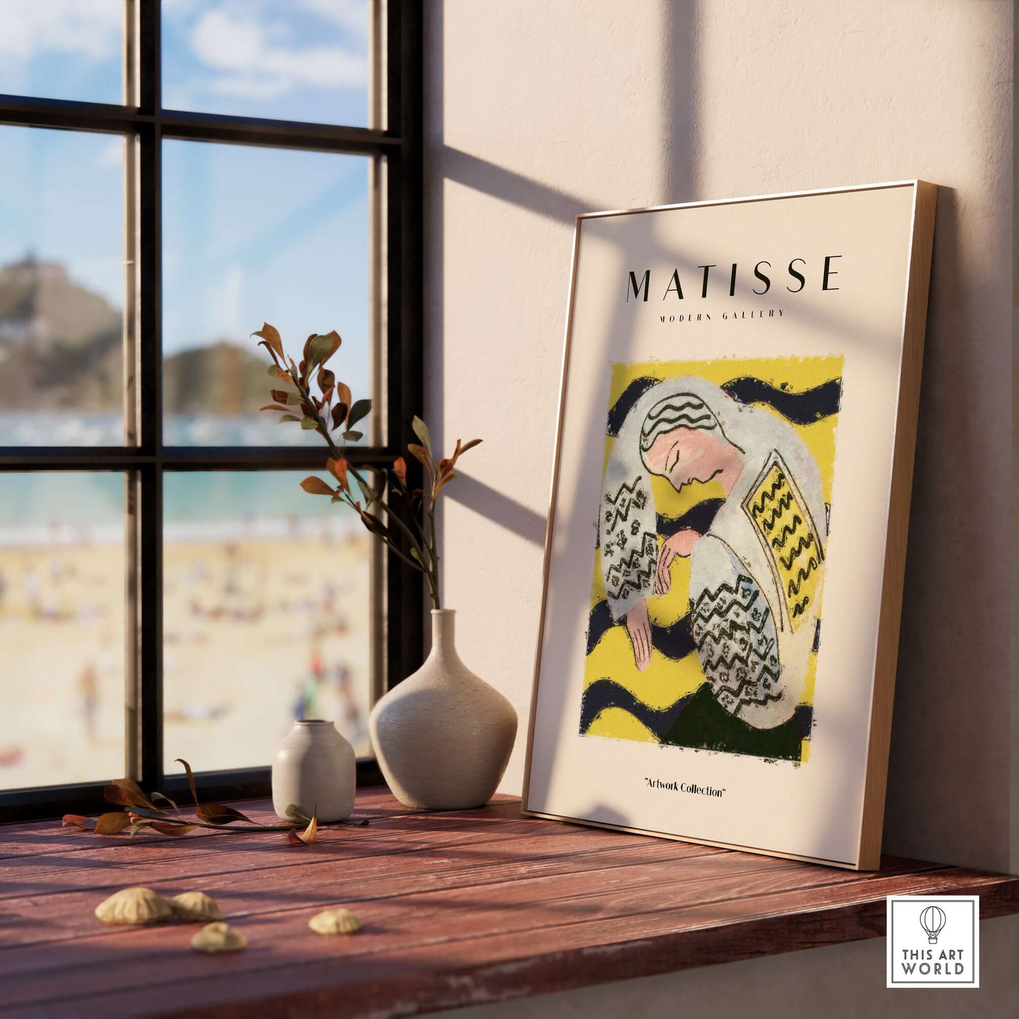 Matisse Art Prints - Resting Woman Patterned Blouse Yellow displayed in a bright room with scenic beach view.