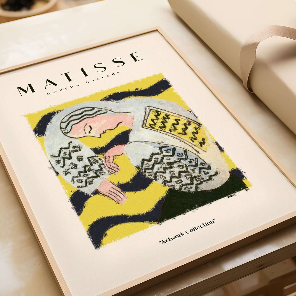 Matisse Art Prints - Resting Woman Patterned Blouse Yellow art print featuring a figure with a patterned blouse on a yellow background.