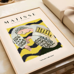 Matisse Art Prints - Resting Woman Patterned Blouse Yellow art print featuring a figure with a patterned blouse on a yellow background.