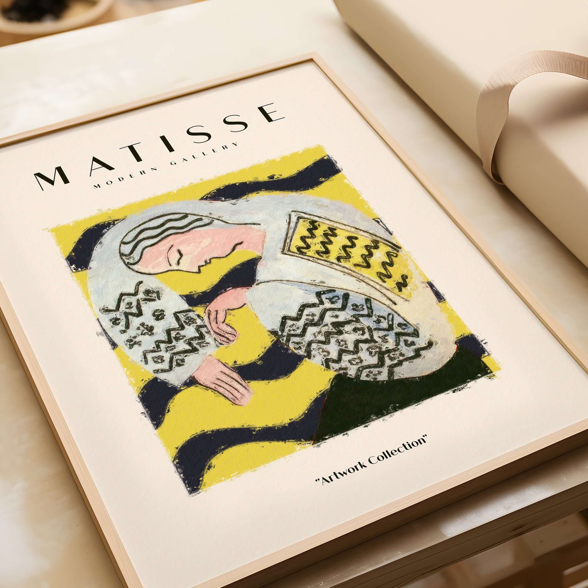 Matisse Art Prints - Resting Woman Patterned Blouse Yellow art print featuring a figure with a patterned blouse on a yellow background.