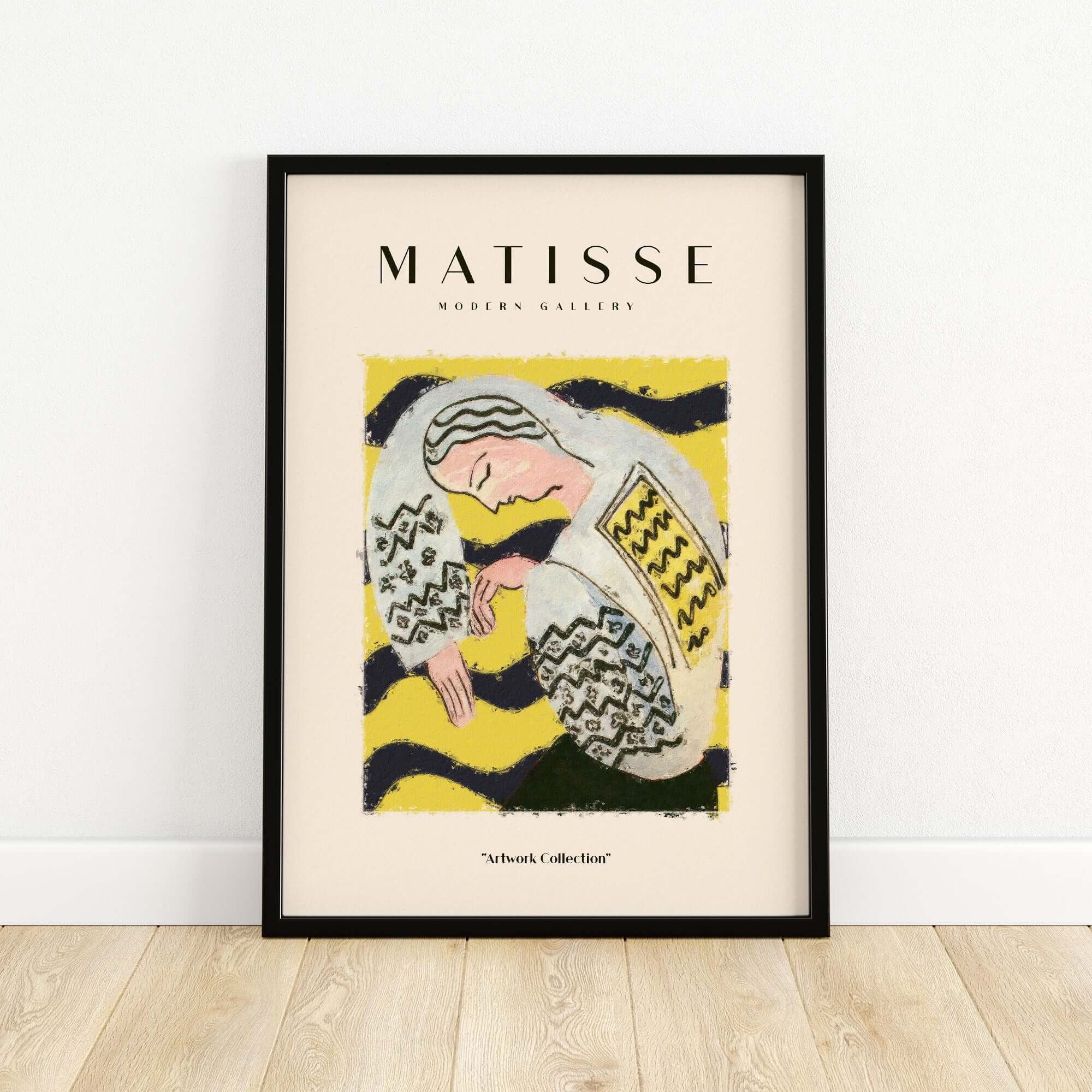 Matisse Art Prints - Resting Woman Patterned Blouse Yellow vibrant artwork featuring a figure in a patterned blouse on a yellow background.