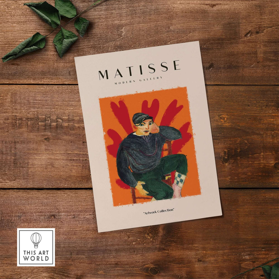 Matisse Art Print featuring a seated figure in cap, vibrant colors, and abstract background, ideal for modern decor.