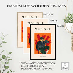 Matisse Art Prints - Seated Figure in Cap Poster displayed in handmade wooden frames in natural, black, and white finishes.