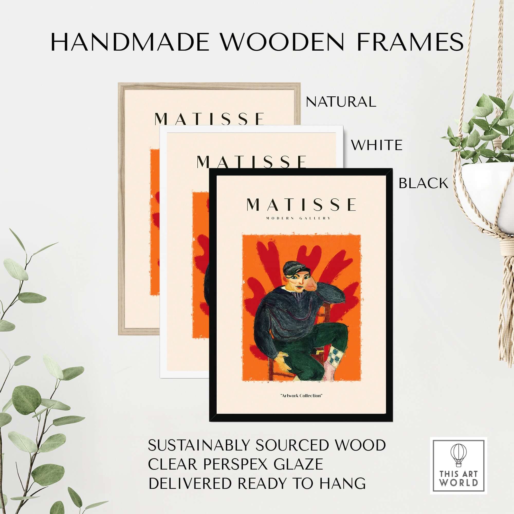 Matisse Art Prints - Seated Figure in Cap Poster displayed in handmade wooden frames in natural, black, and white finishes.
