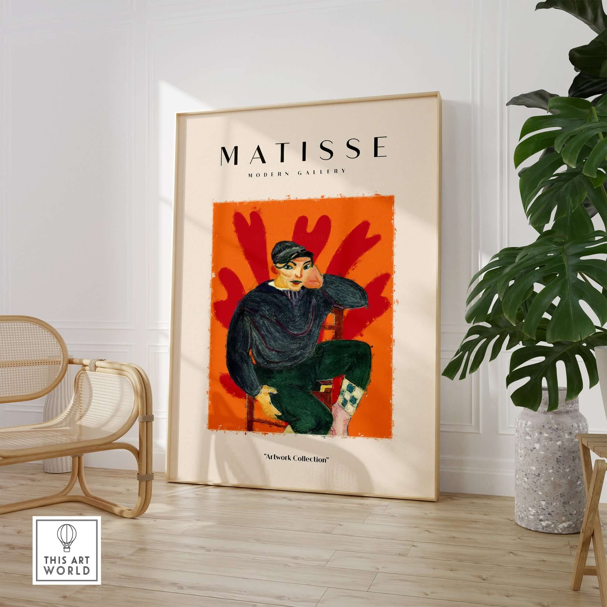 Matisse Art Prints - Seated Figure in Cap Poster featuring a young person in vibrant colors against an orange background.