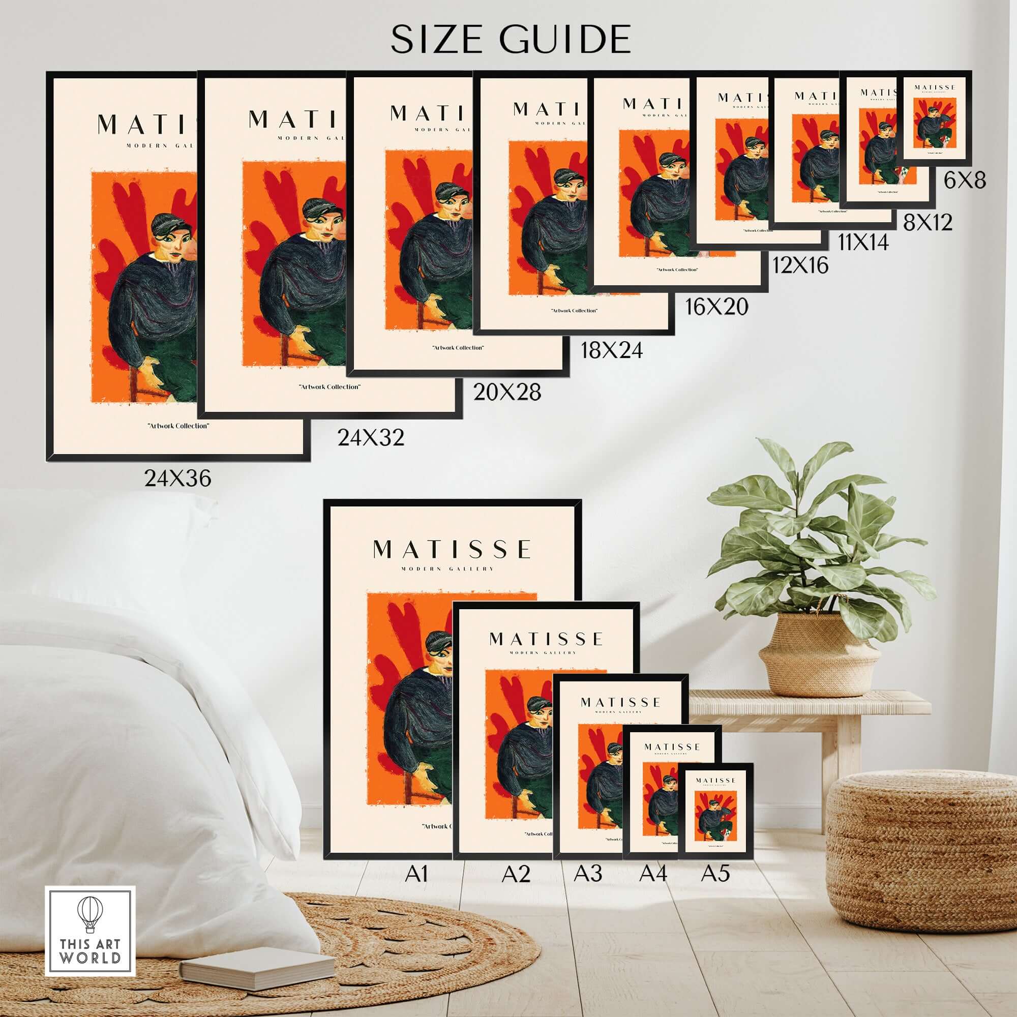Matisse Art Prints - Seated Figure in Cap Poster size guide showcasing various frame sizes.