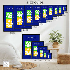 Matisse Art Prints - Abstract Blue Poster size guide showing various dimensions for the abstract artwork in vibrant colors.