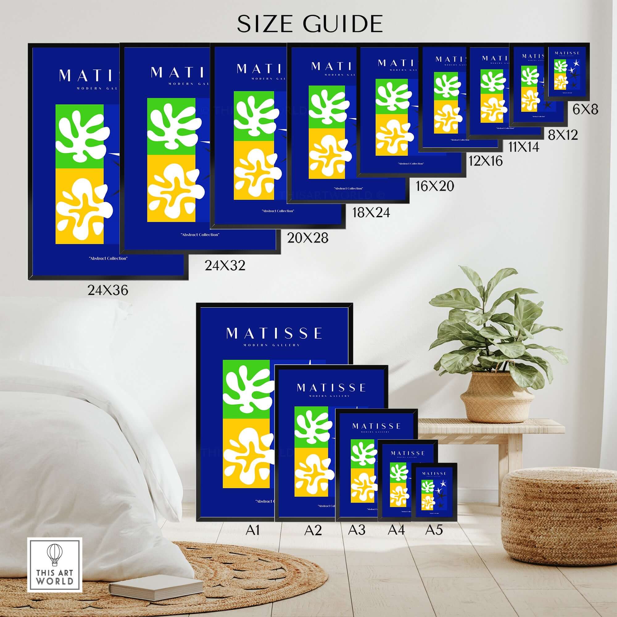 Matisse Art Prints - Abstract Blue Poster size guide showing various dimensions for the abstract artwork in vibrant colors.