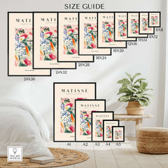 Matisse Art Prints - Abstract Expressive Swirls Colors Wall Art size guide showcasing various frame dimensions.