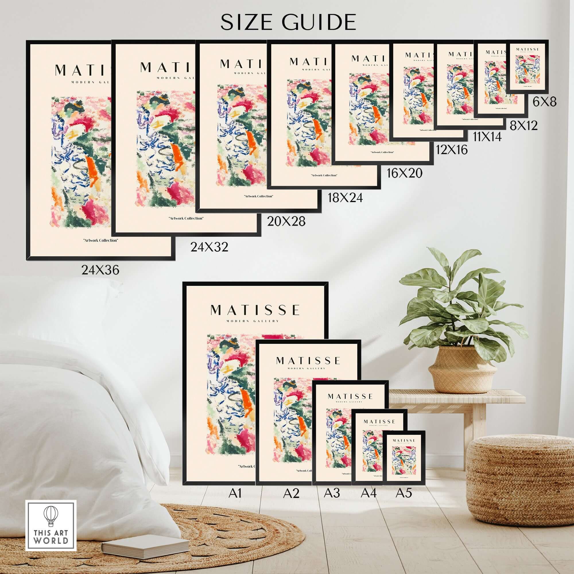 Matisse Art Prints - Abstract Expressive Swirls Colors Wall Art size guide showcasing various frame dimensions.