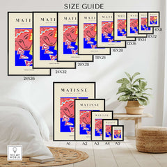 Matisse Art Prints - Abstract Face with Flowers Collage Wall Art size guide showcasing various print dimensions.