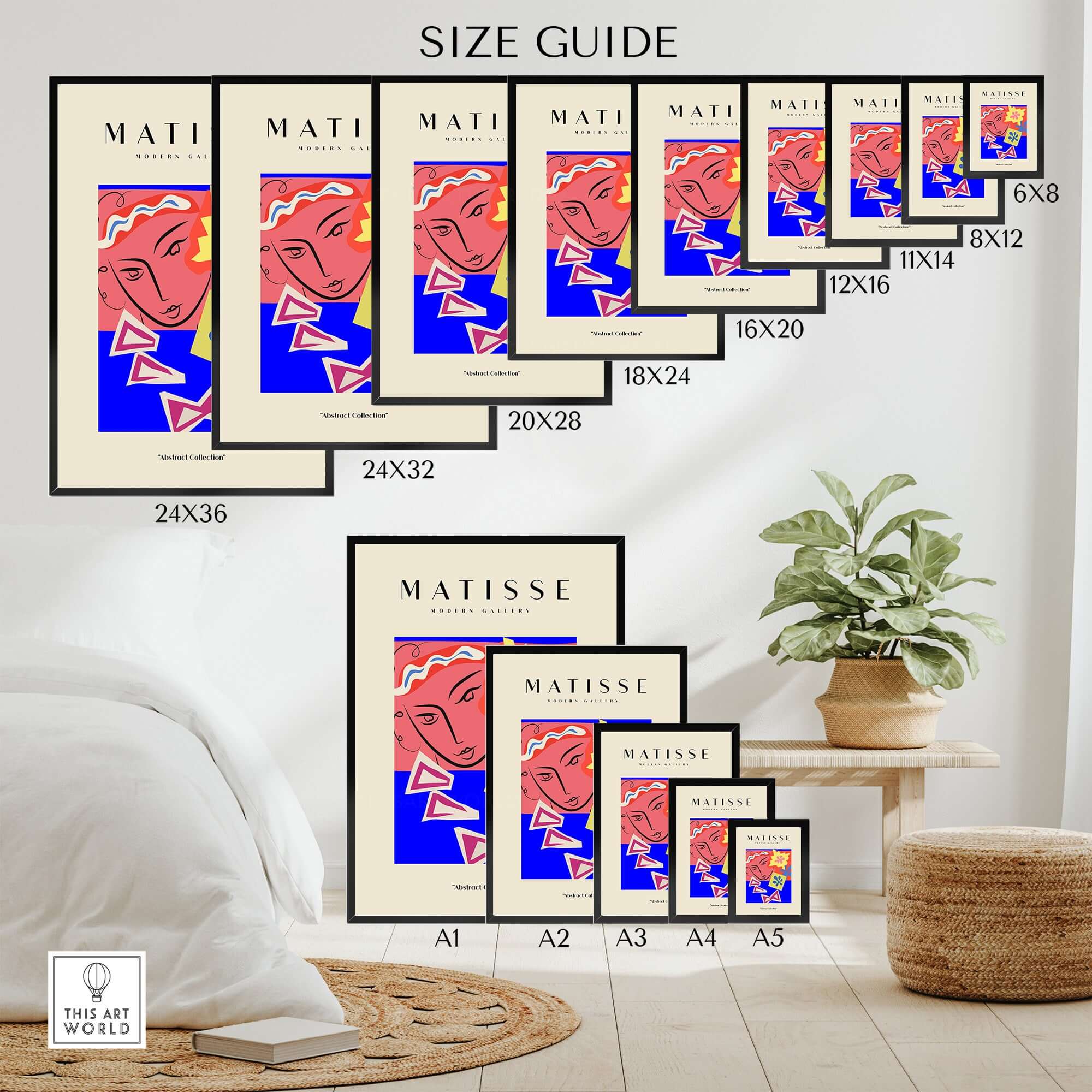 Matisse Art Prints - Abstract Face with Flowers Collage Wall Art size guide showcasing various print dimensions.