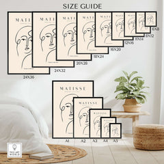 Matisse Art Prints - Continuous Line Abstract Face Poster size guide showing various frame sizes and placement options.