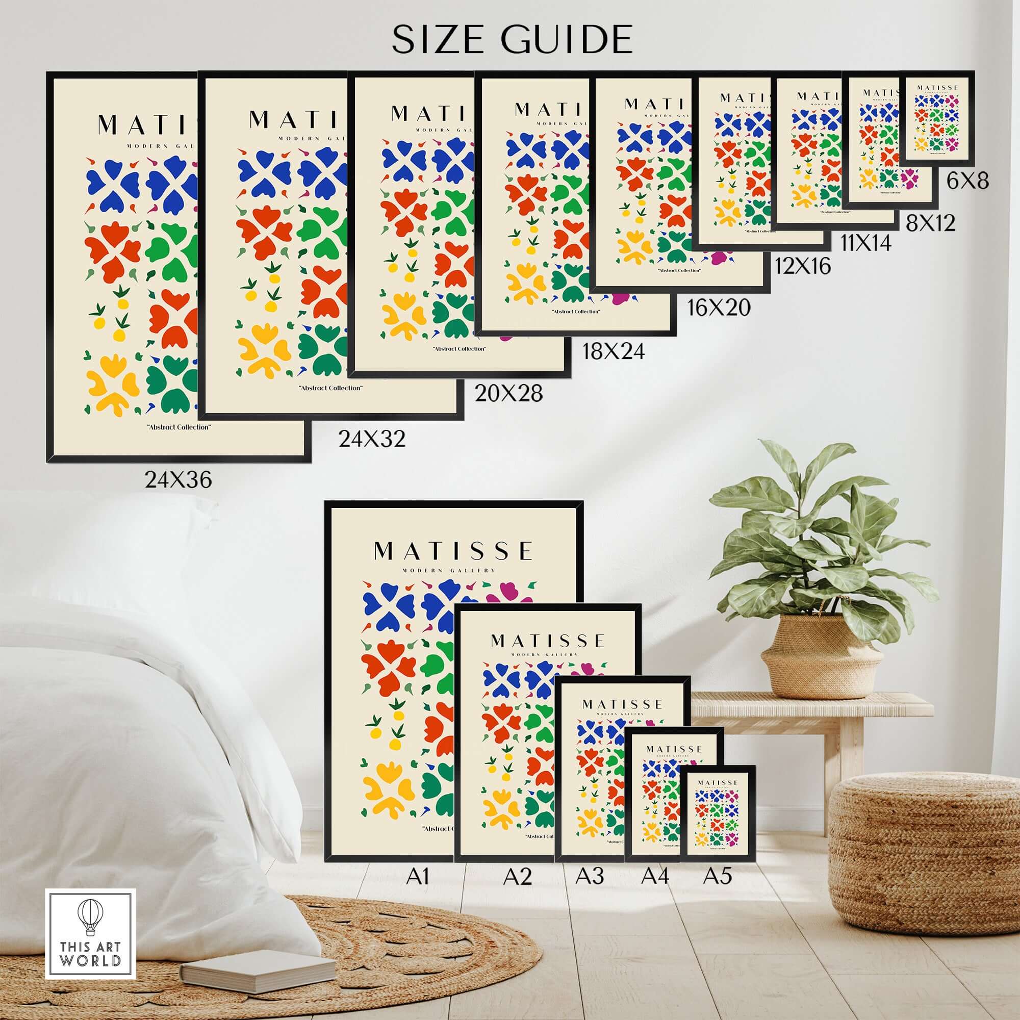 Matisse Art Prints - Abstract Floral Grid Poster size guide with various dimensions displayed on a wall.