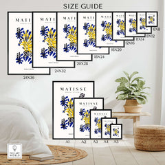 Matisse Art Prints - Abstract Floral Blue Yellow Black Poster size guide showcasing various dimensions for the artwork.