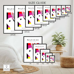 Matisse Art Prints -Abstract Head  Jazz Series Colorful Blocks Wall Art size guide displaying various frame sizes.