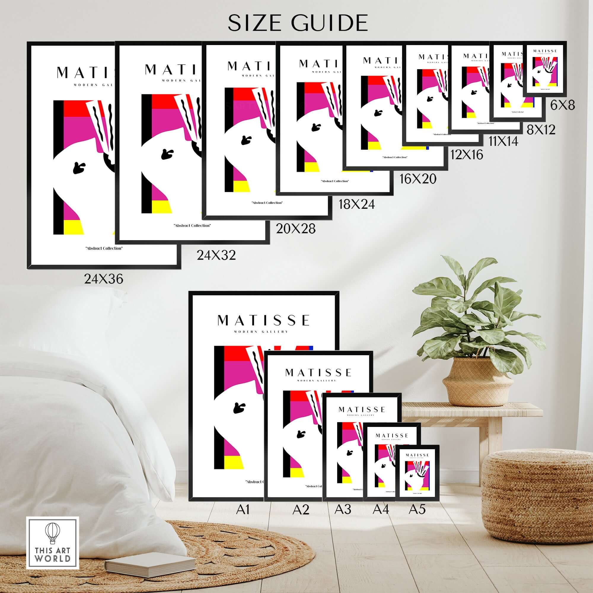 Matisse Art Prints -Abstract Head  Jazz Series Colorful Blocks Wall Art size guide displaying various frame sizes.