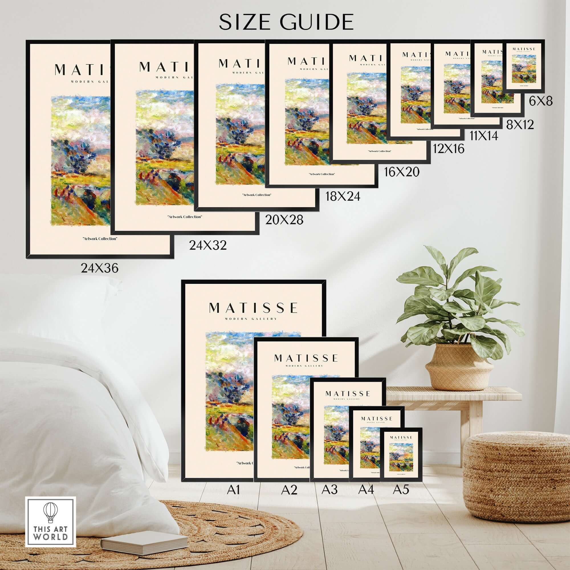 Matisse Art Prints - Abstract Painterly Landscape Bridge Poster size guide with various frame sizes displayed.