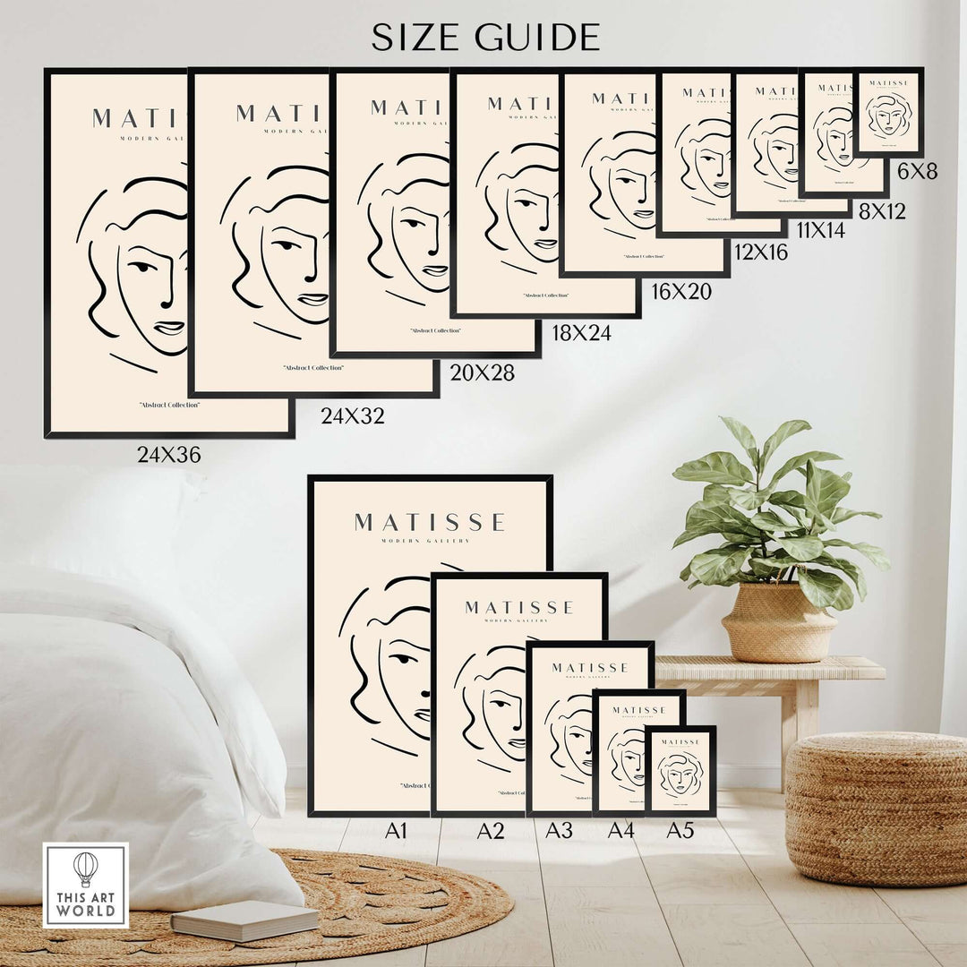 Size guide for Matisse art prints featuring abstract line face drawings on a stylish interior backdrop.