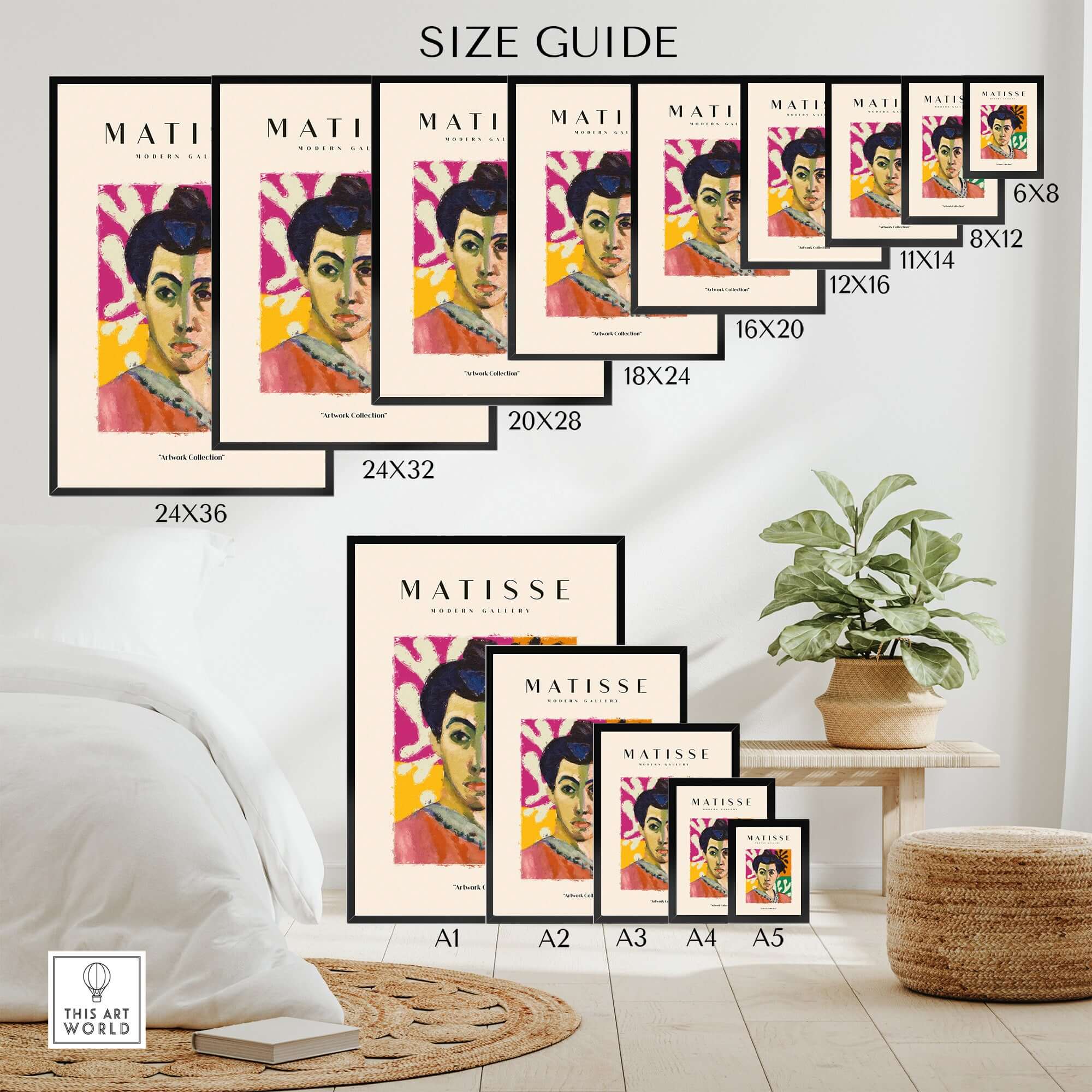 Matisse Art Prints - Abstract Portrait Poster size guide showing various dimensions for artwork display.