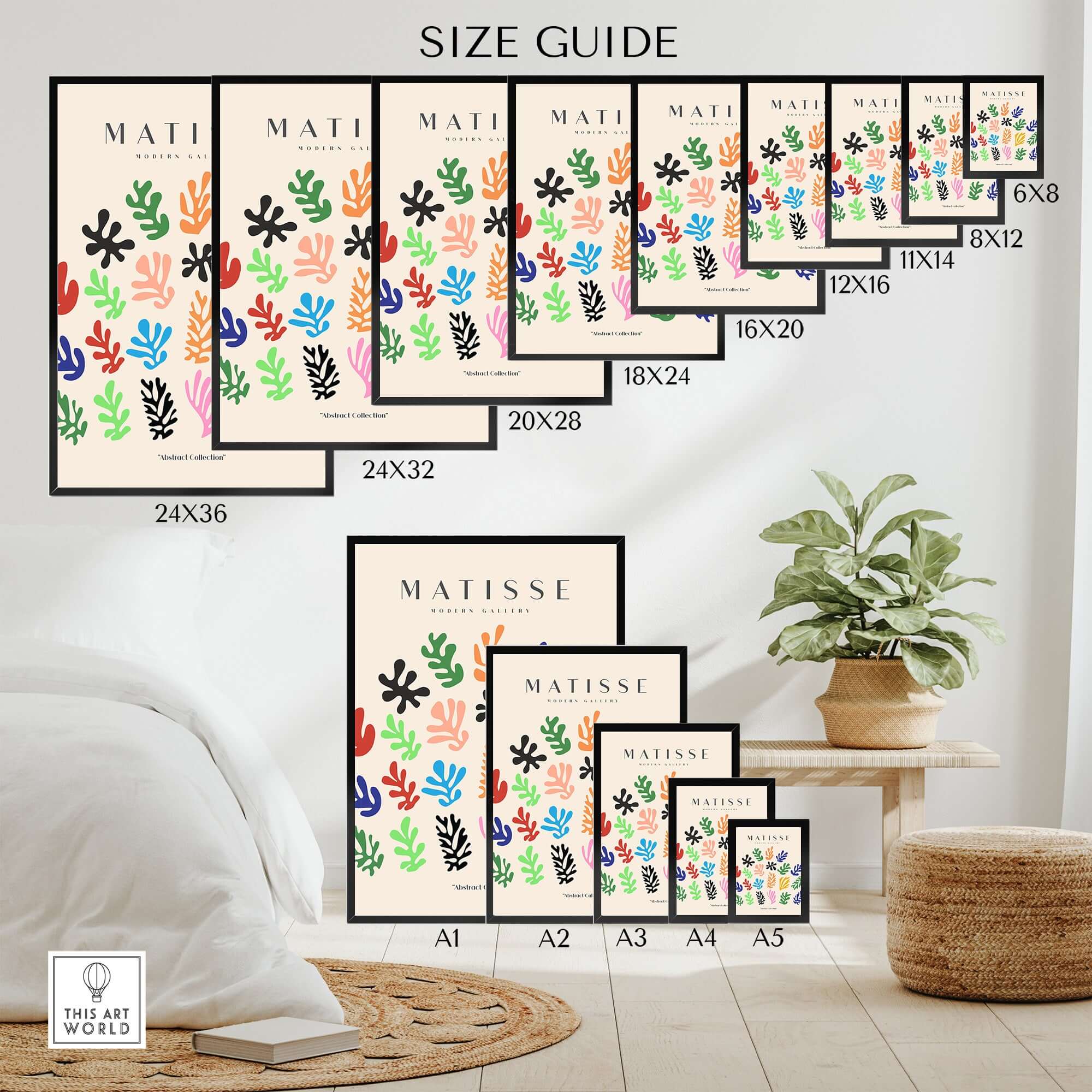 Matisse Art Prints - Colorful Abstract Shapes Scatter Print size guide with various frame sizes displayed.