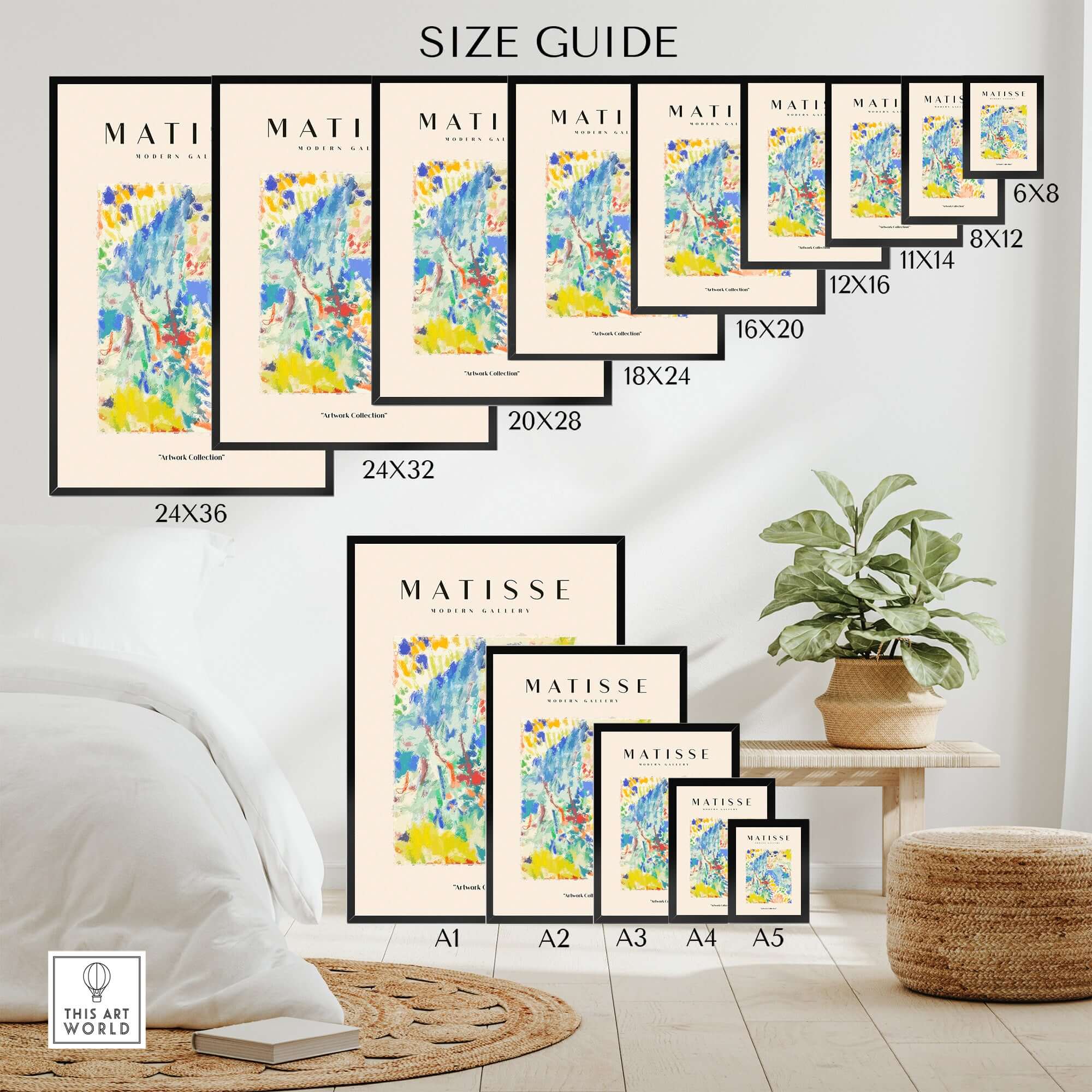 Matisse Art Prints - Abstract Vibrant Landscape Painterly Poster size guide showing various print sizes and frames.