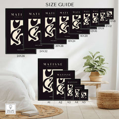 Matisse Art Prints - Black Beige Abstract Composition Poster size guide with various dimensions displayed.