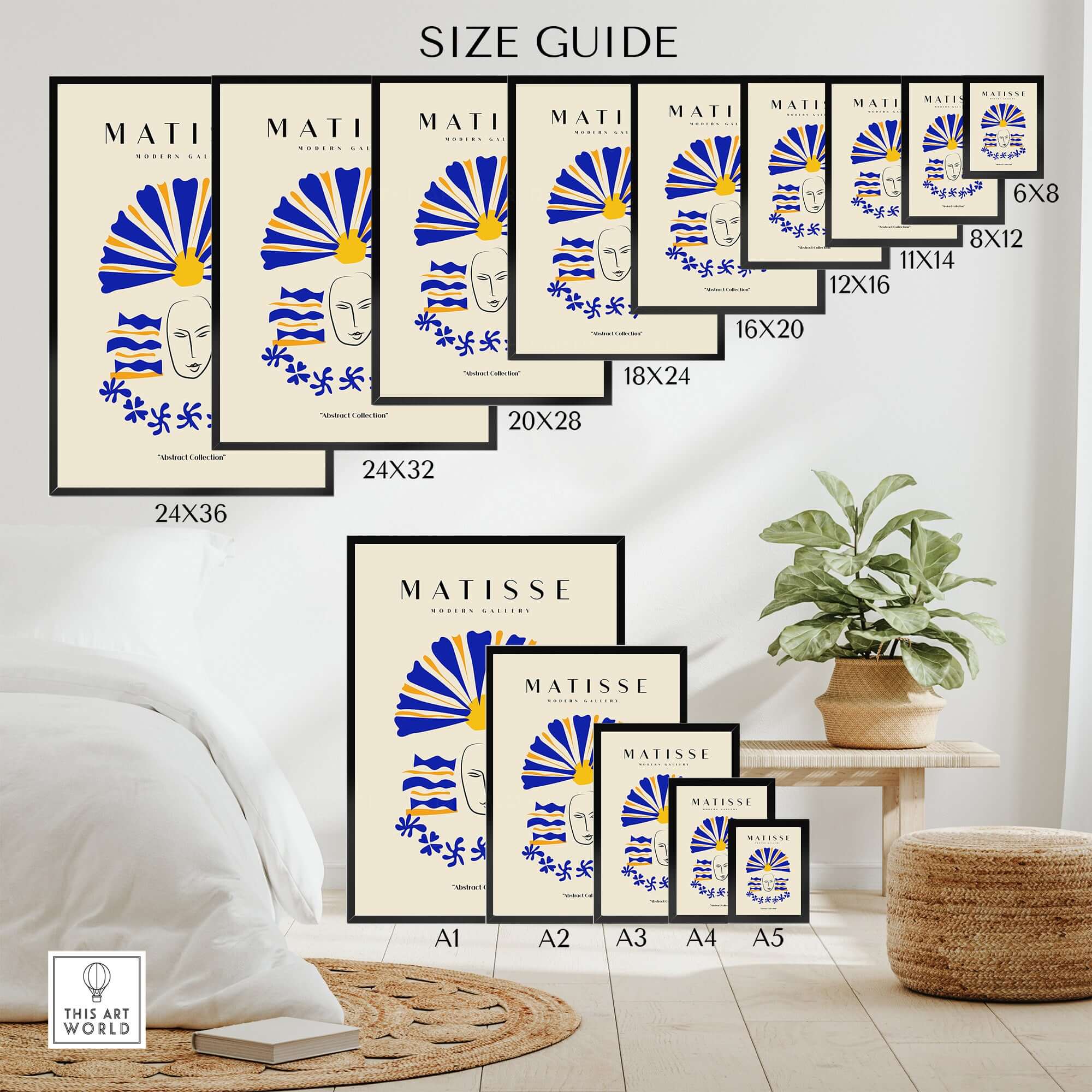 Matisse Art Prints -  Blue & Yellow Abstract Face size guide display on a living room wall with various frame sizes.
