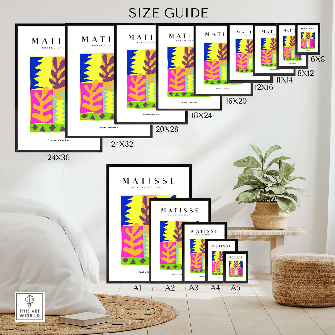 Size guide for Matisse Art Prints showcasing various dimensions and vibrant abstract leaf design options.