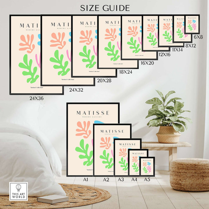 Size guide for Matisse art prints showcasing various frame sizes and vibrant cut-out designs.