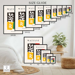Matisse Art Prints - Four Blocks Abstract Leaves Color Poster size guide with various print dimensions on display.