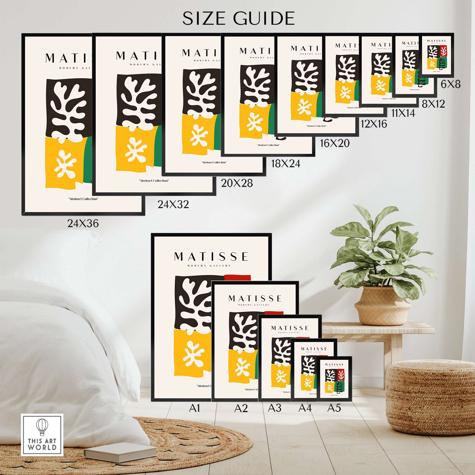 Matisse Art Prints - Four Blocks Abstract Leaves Color Poster size guide with various print dimensions on display.