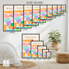 Matisse Art Prints - Colorful Geometric Shapes Abstract Print size guide showcasing various frame sizes and artwork.