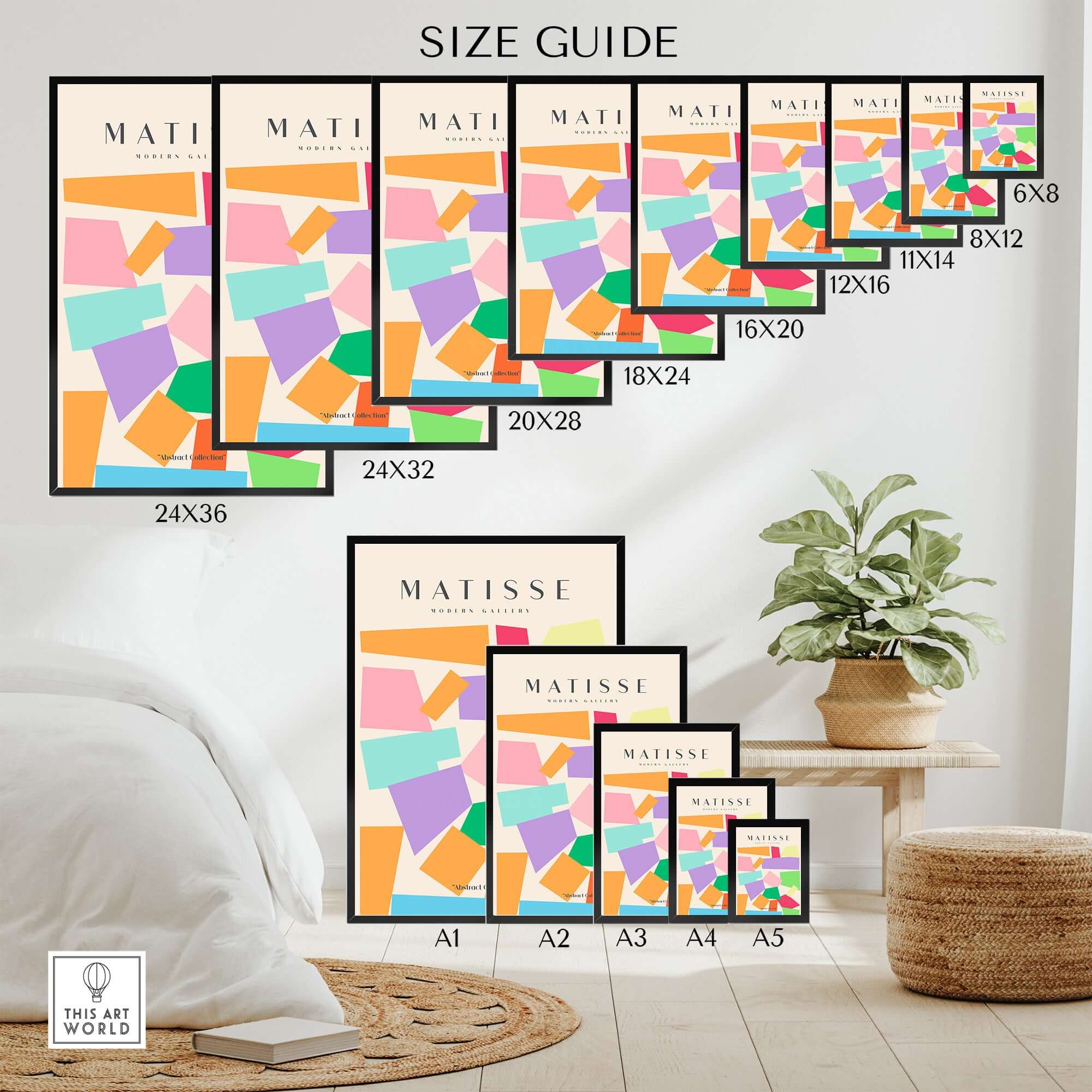 Matisse Art Prints - Colorful Geometric Shapes Abstract Print size guide showcasing various frame sizes and artwork.
