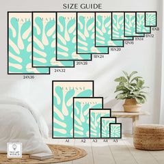 Matisse Art Prints - Mint Green Coral Abstract Seaweed Poster size guide displaying various frame sizes on a stylish wall.