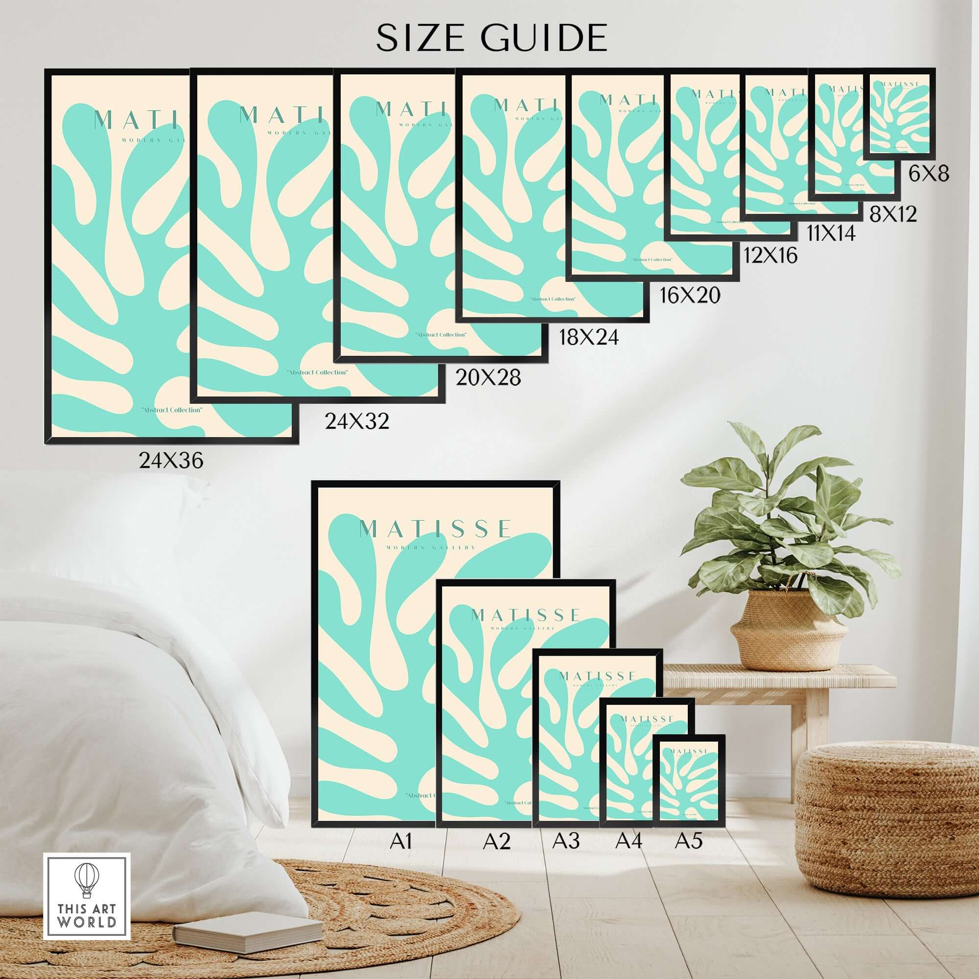 Matisse Art Prints - Mint Green Coral Abstract Seaweed Poster size guide displaying various frame sizes on a stylish wall.