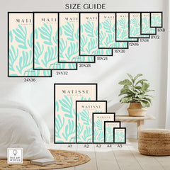 Matisse Art Prints - Mint Green Fan Pattern Poster Art size guide with various frame sizes displayed.