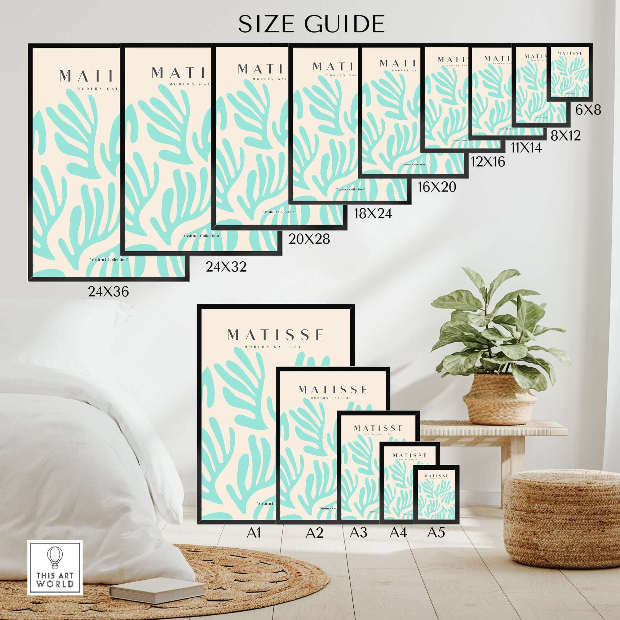 Matisse Art Prints - Mint Green Fan Pattern Poster Art size guide with various frame sizes displayed.