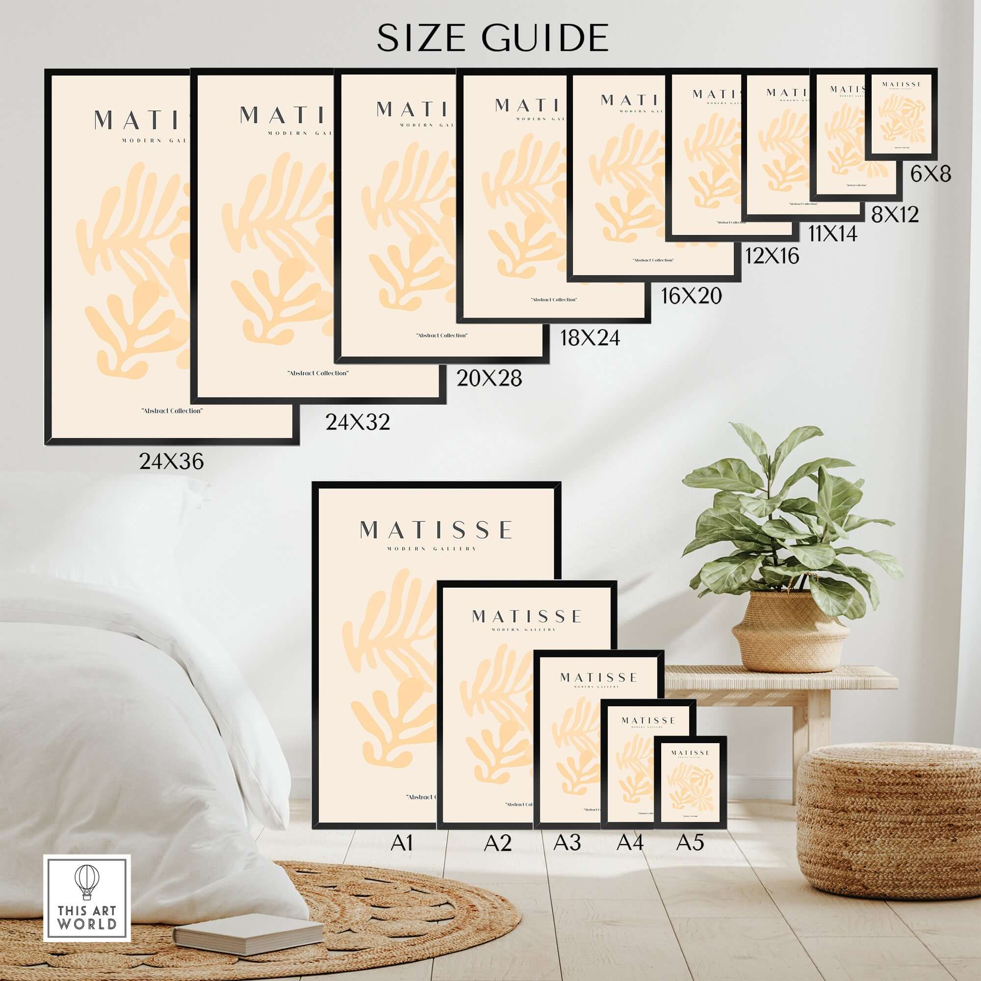 Matisse Art Prints - Pale Peach Abstract Shapes Wall Art size guide showcasing various print dimensions.