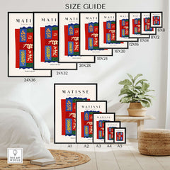 Matisse Art Prints - Patchwork Shapes Composition Poster size guide displayed among various frames and home decor elements.