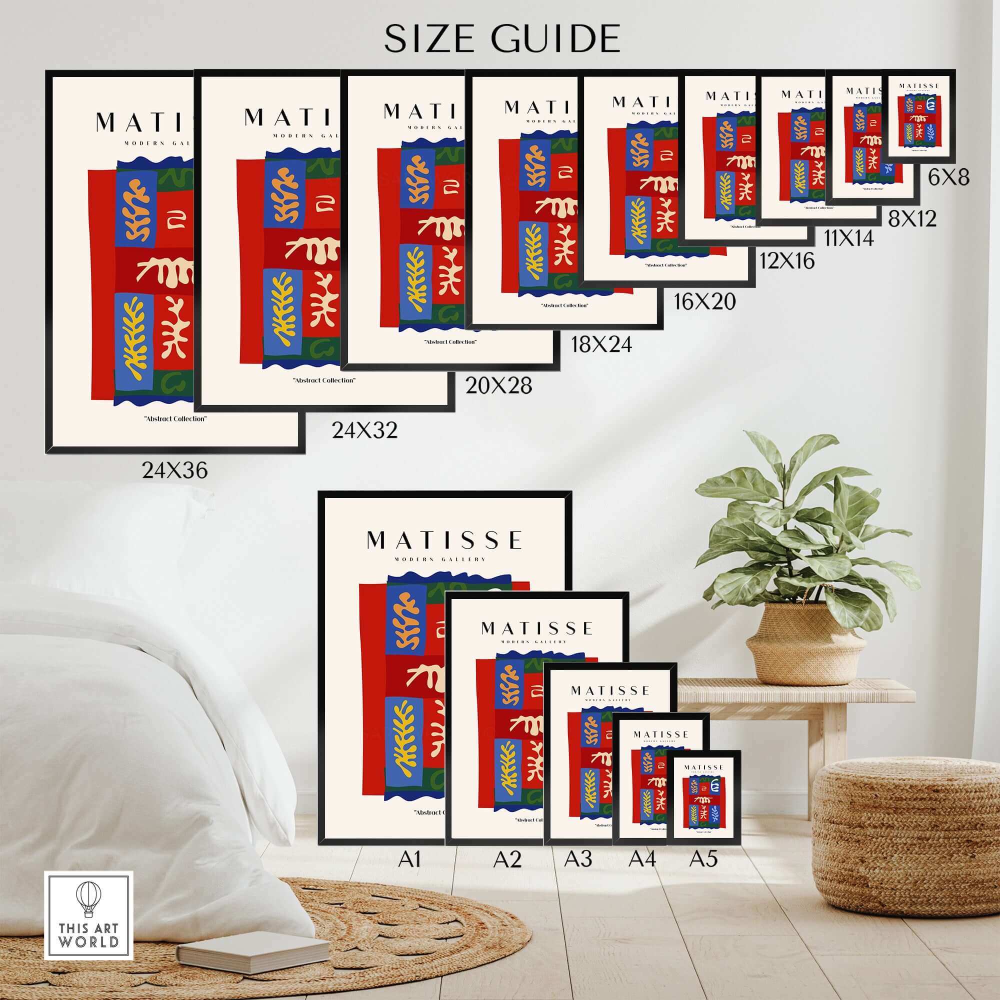 Matisse Art Prints - Patchwork Shapes Composition Poster size guide displayed among various frames and home decor elements.