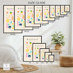Matisse Art Prints - Playful Abstract Shapes Mix Wall Art size guide showcasing various print dimensions and designs.