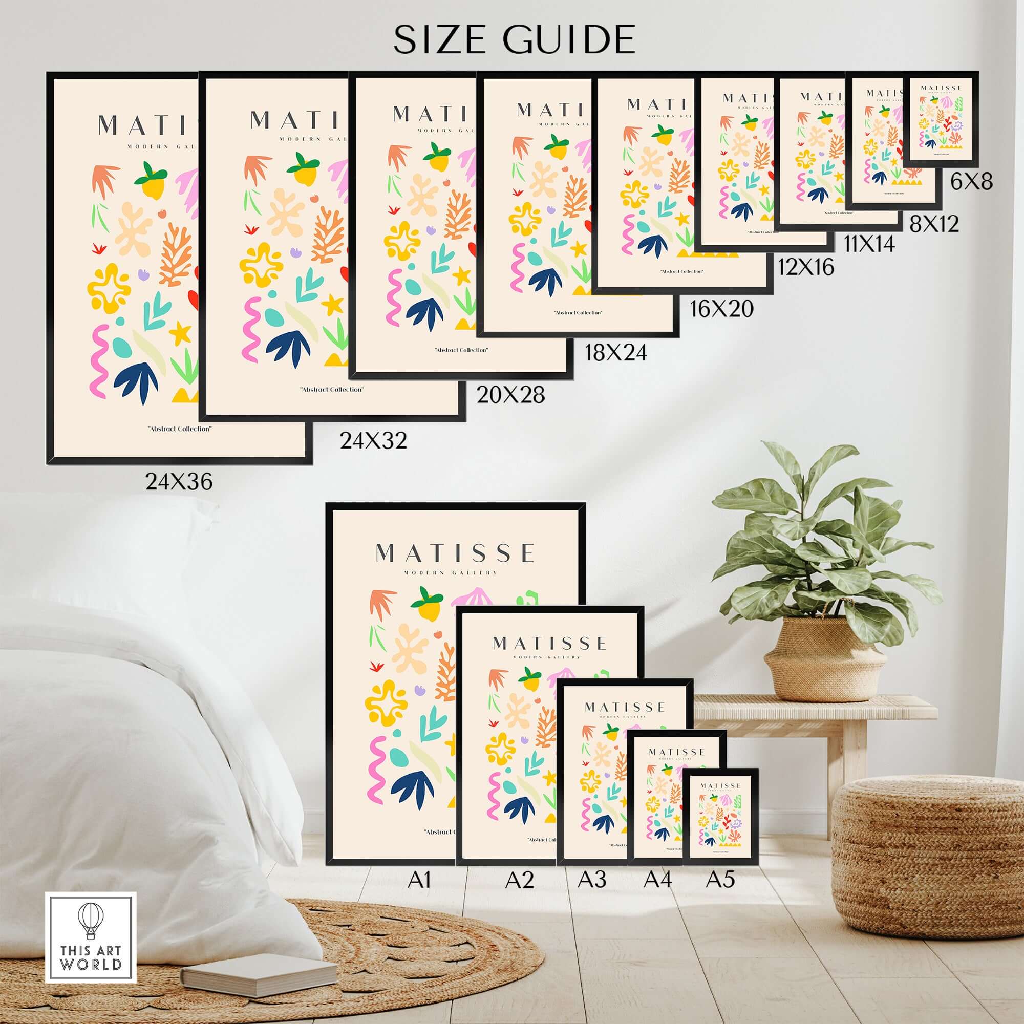 Matisse Art Prints - Playful Abstract Shapes Mix Wall Art size guide showcasing various print dimensions and designs.