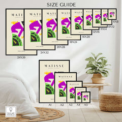 Matisse Art Prints - Purple Horse Abstract Figure Collage Poster size guide showcasing various frame sizes for art display.