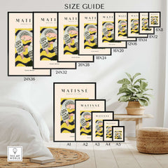 Matisse Art Prints - Resting Woman Patterned Blouse Yellow size guide with various frame sizes and art prints displayed.